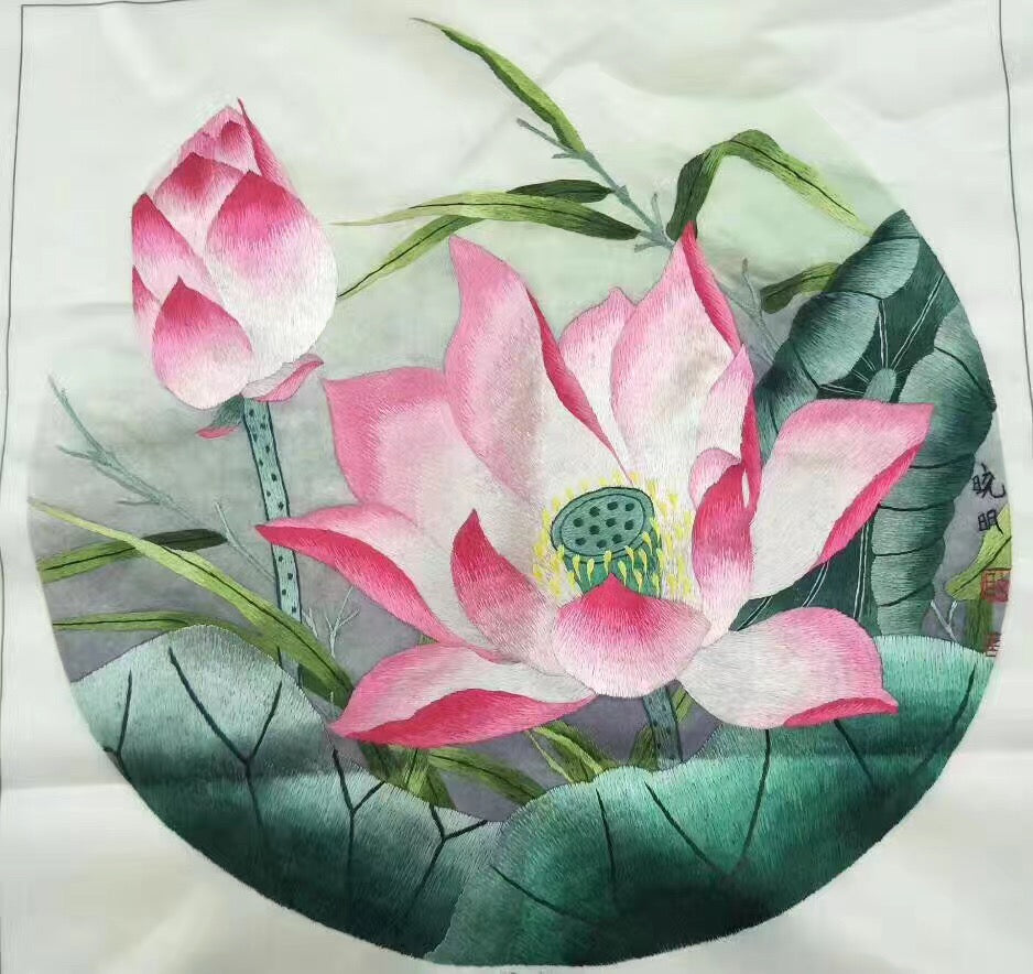 Hand su embroidery art:basket flower peony magnolia panda lotus cricle 35cm