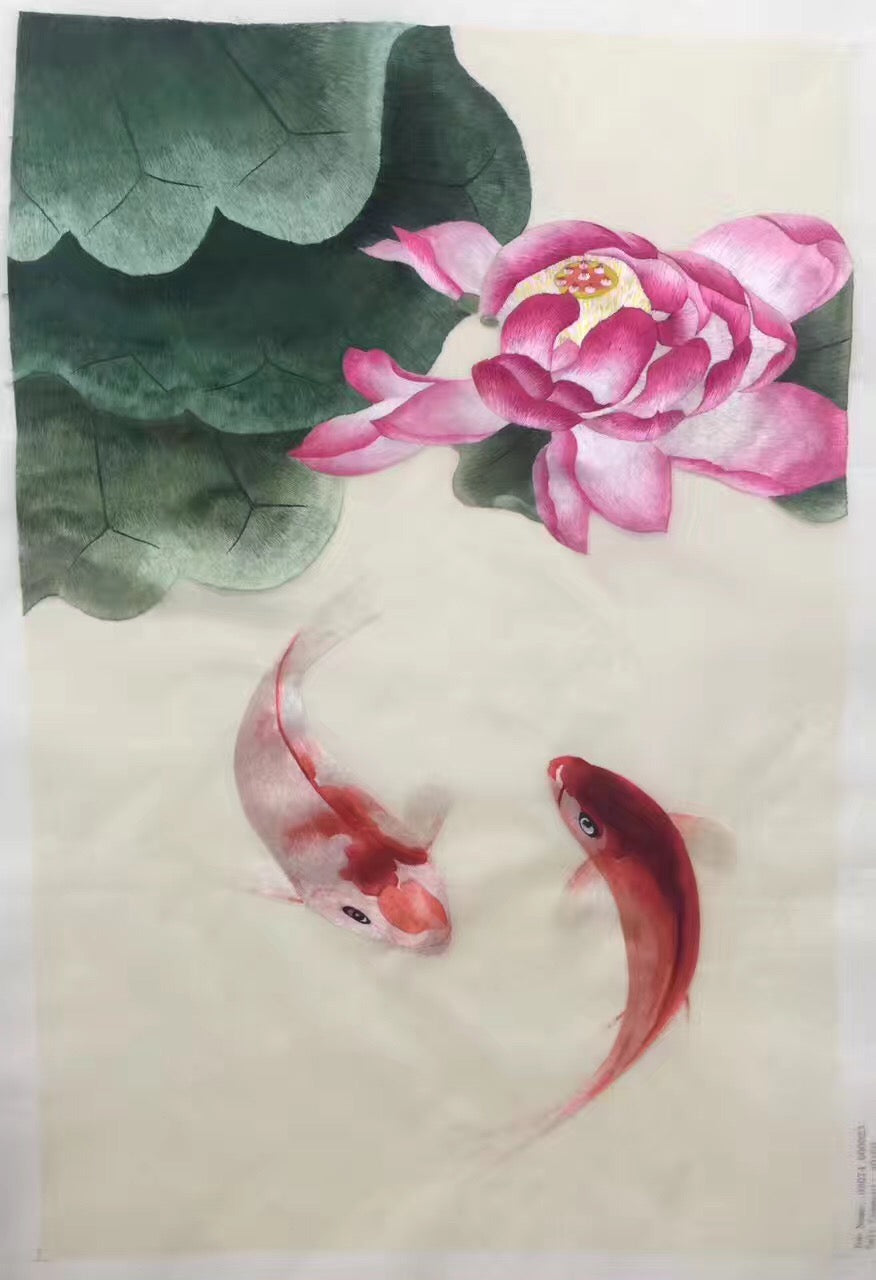 Delicate Hand embroidered Su Embroidery Art:flower lotus fish still life 60cm 5918