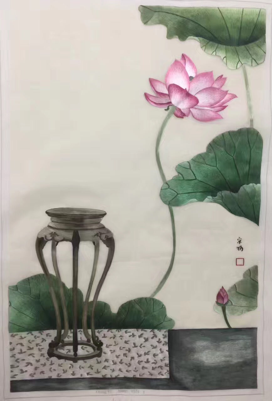 Delicate Hand embroidered Su Embroidery Art:flower lotus fish still life 60cm 5918