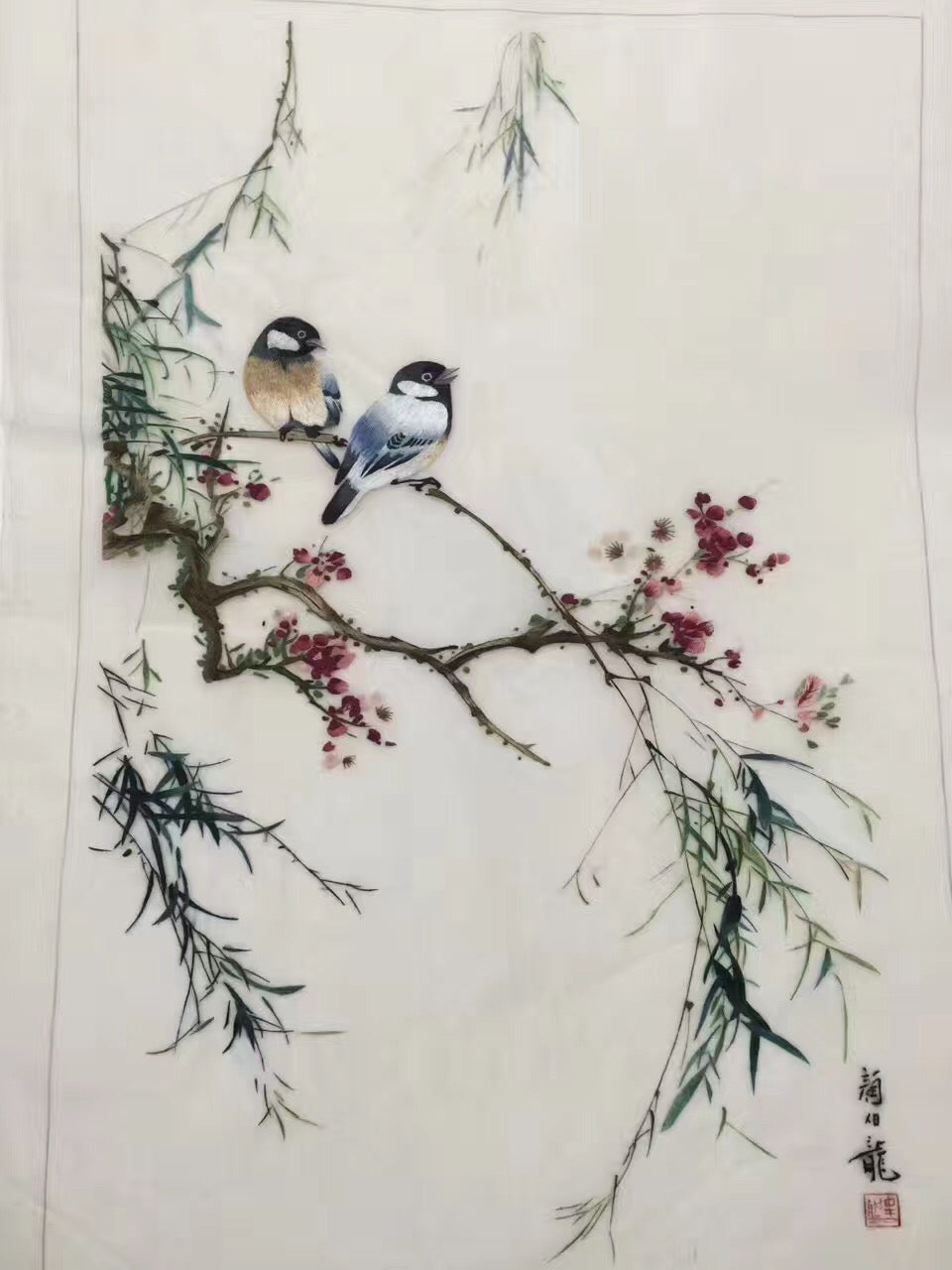 Delicate Hand embroidered Su Embroidery Art:flower birds on branch bamboo 50cm 5918