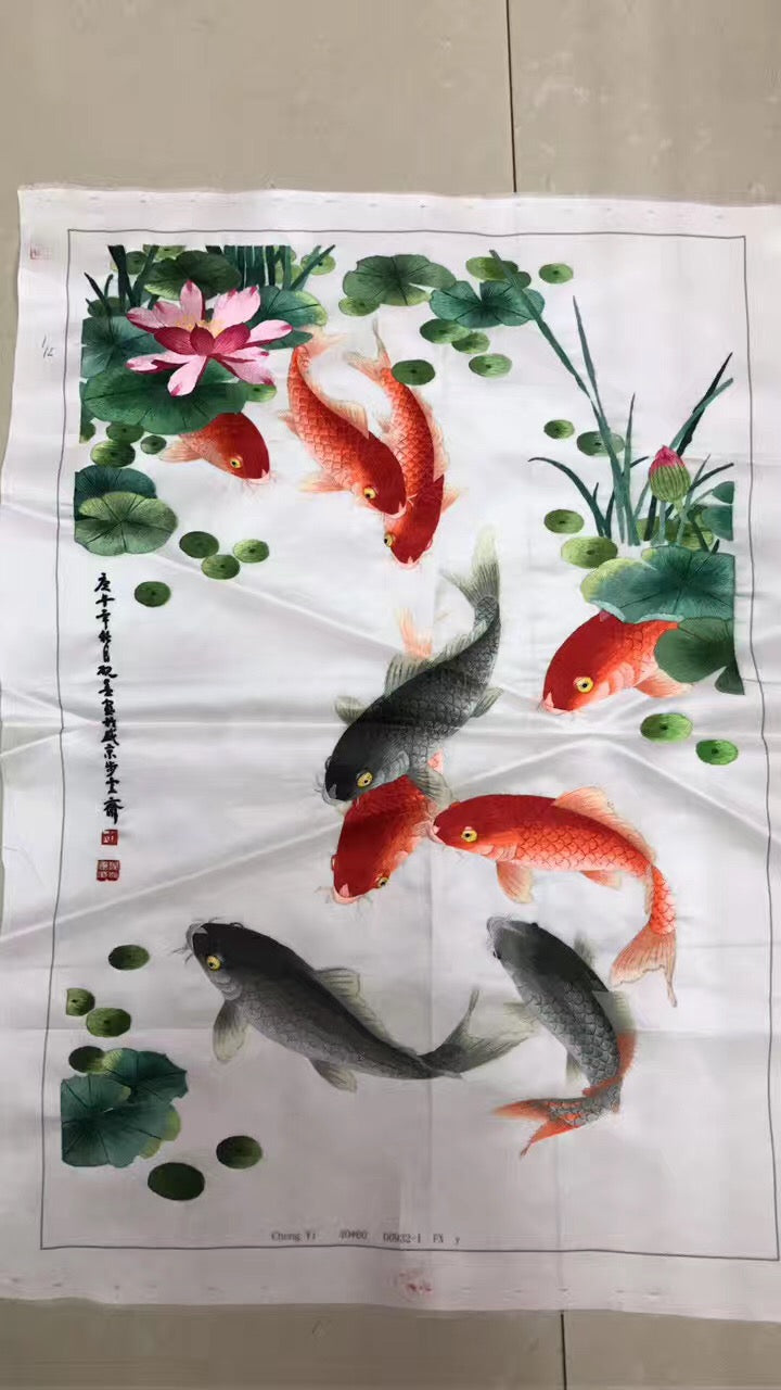 Hand embroideried Su Embroidery Art:carp fish lotus cock peony dragon vase 60cm 3918