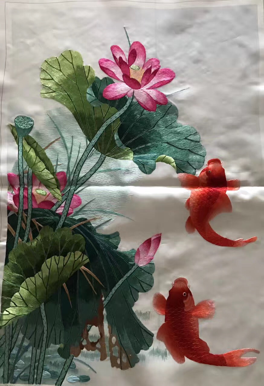 Hand embroideried Su Embroidery Art:carp fish lotus cock peony dragon vase 60cm 3918