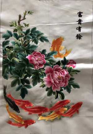 Hand embroideried Su Embroidery Art:carp fish lotus cock peony dragon vase 60cm 3918