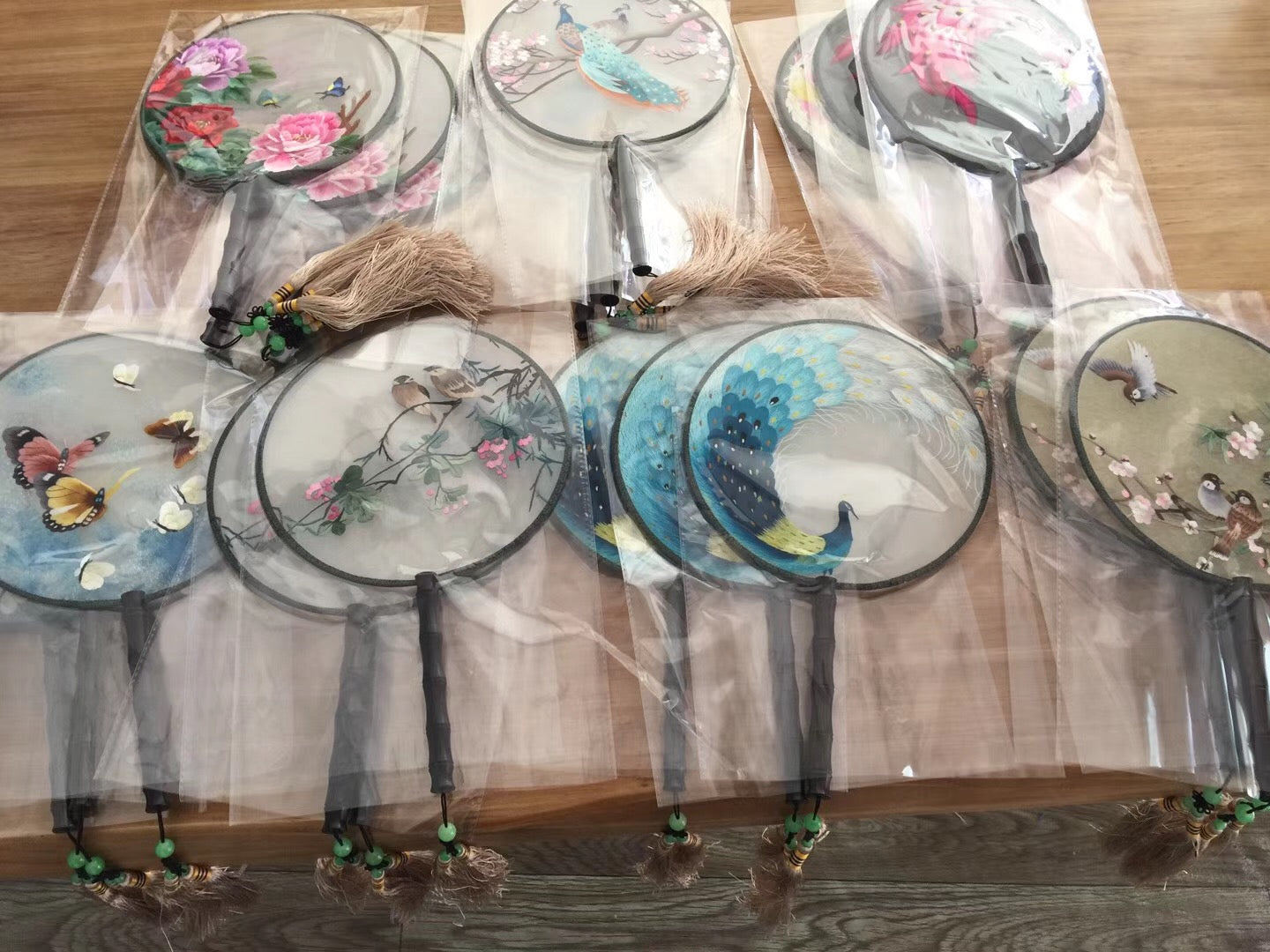 131218 Double sided hand su embroidery fan:cat flower birds butterfly lotus panda peacock