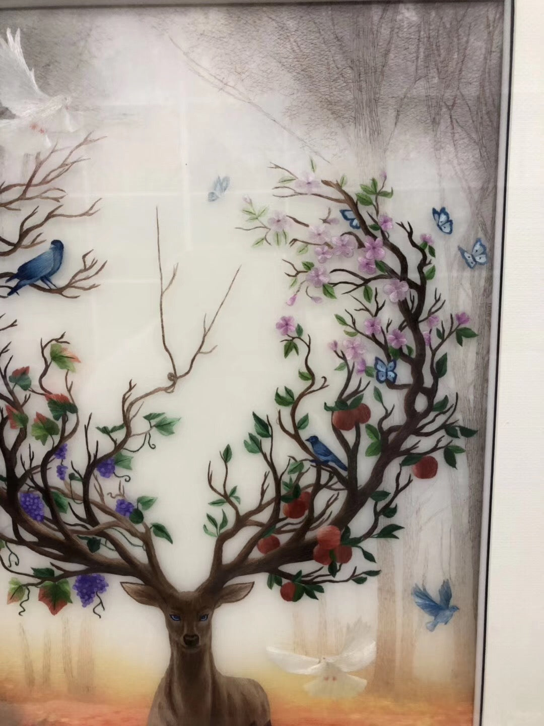 161218 Delicate Hand embroidered Su Embroidery Art:deear bird in forest 60cm