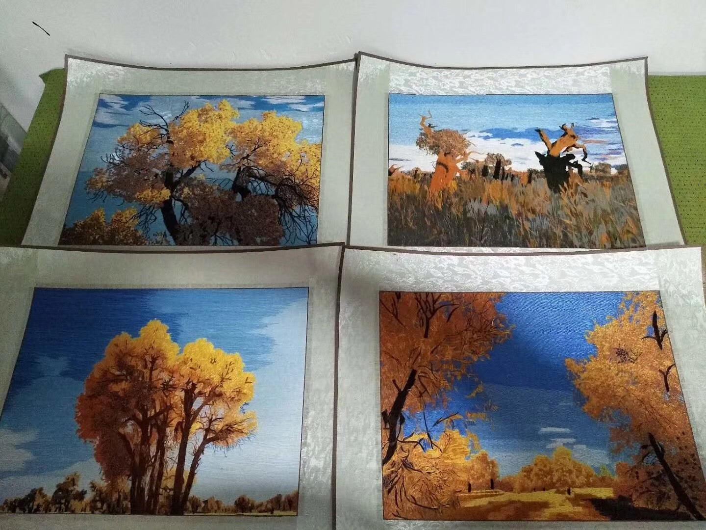 161218 Chinese brocade mounted Imitation Su Embroidery:trees lake landscape 1piece