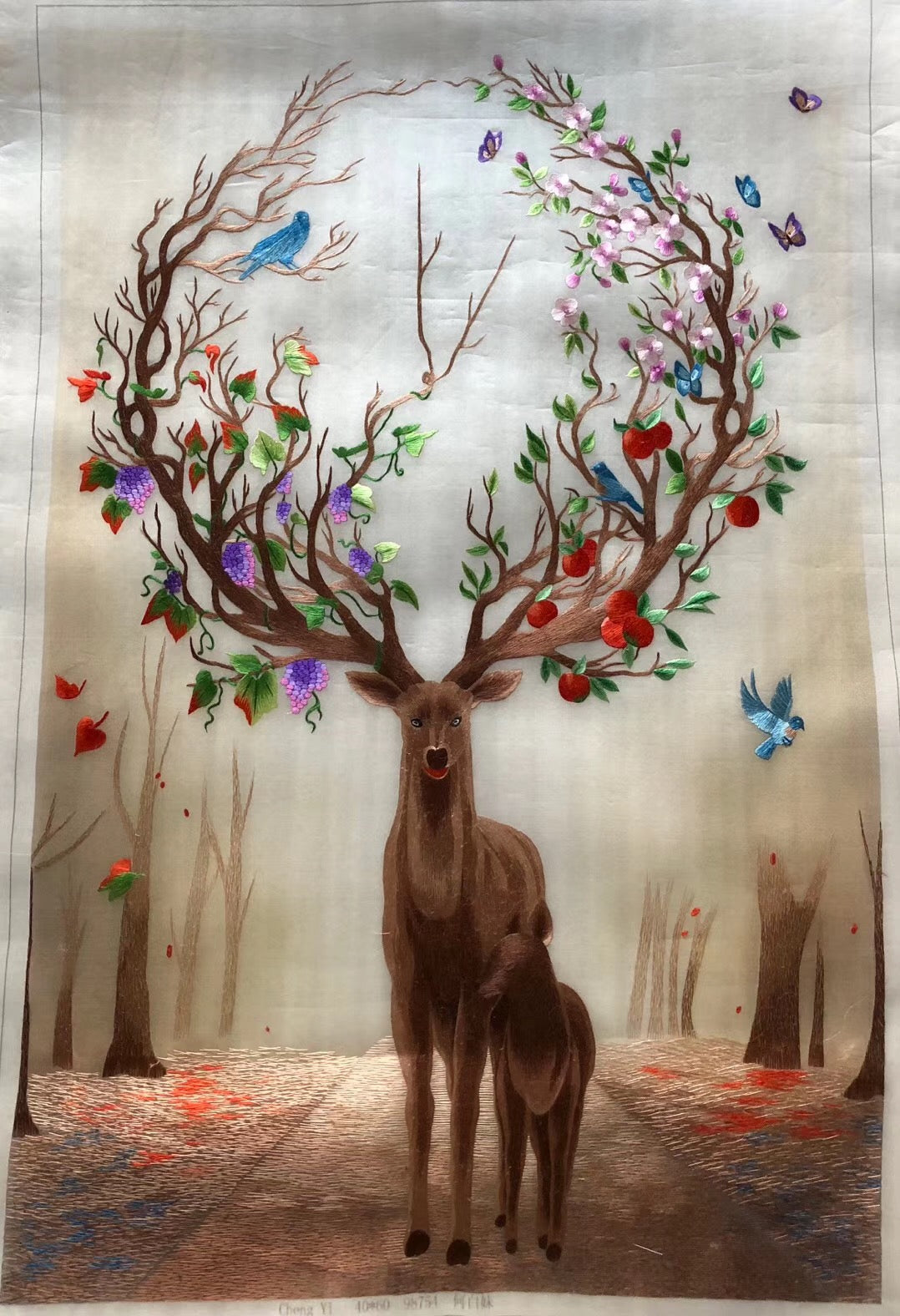 161218 Delicate Hand embroidered Su Embroidery Art:deear bird in forest 60cm