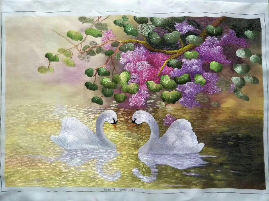 171218 Hand Su Embroidery Art:vase sunflower swans sailboat landscape peacock sheep still life 60cm