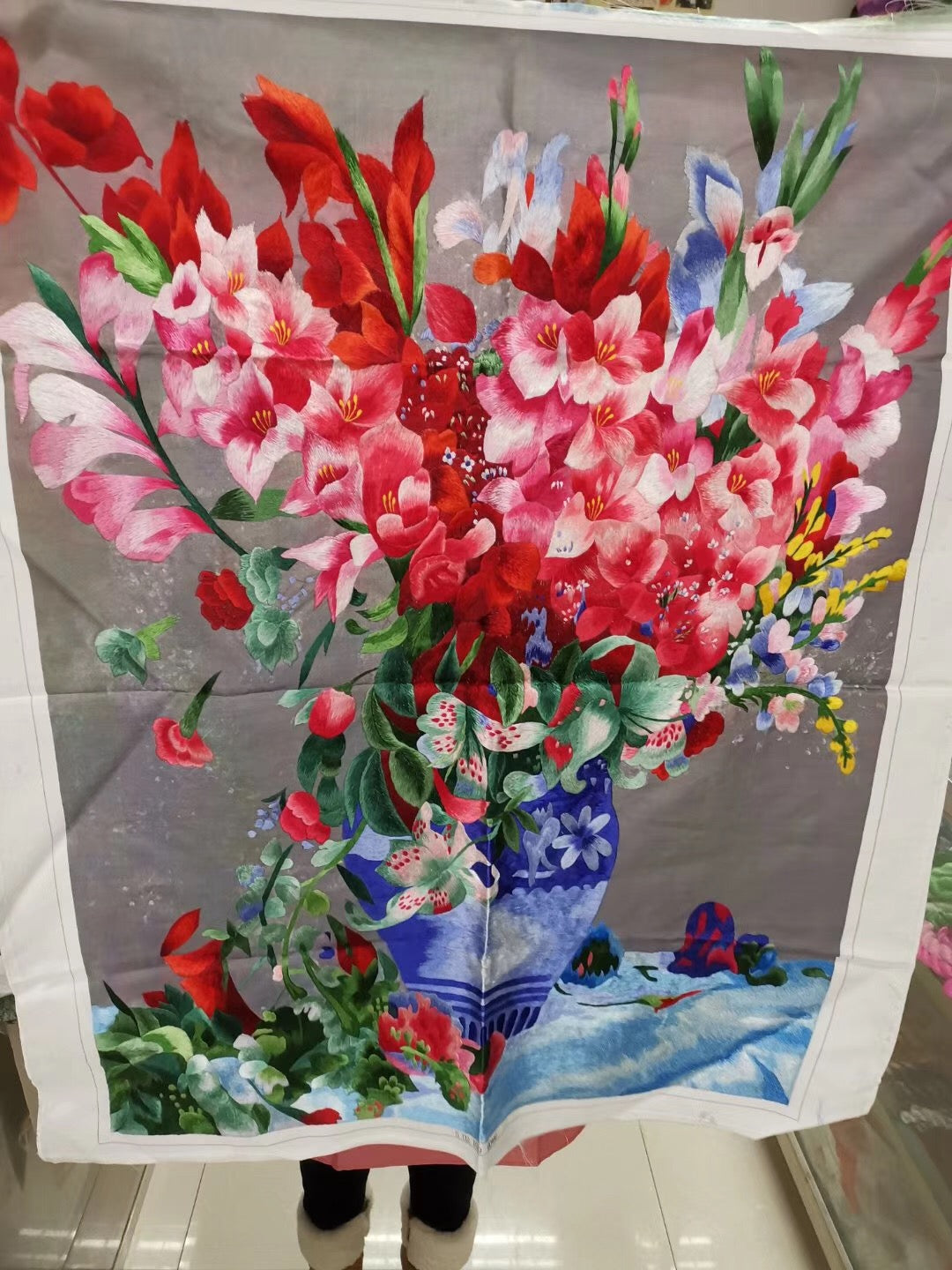 171218 Chinese Totally 100% Hand Embroidered Su Embroidery Art:vase flower still life lotus 80cm