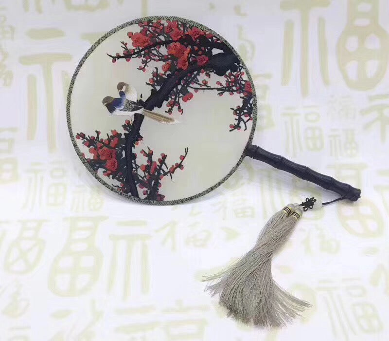 Hand double sided su silk embroidery fan gift fan:cat flower birds butterfly (two-sided reversible )