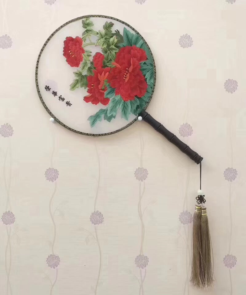 Hand double sided su silk embroidery fan gift fan:cat flower birds butterfly (two-sided reversible )