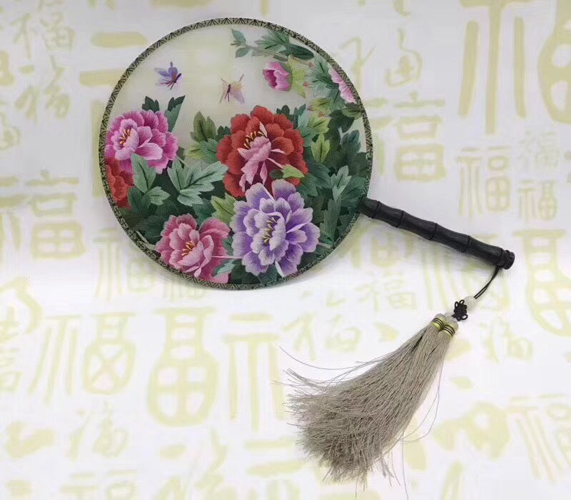 Hand double sided su silk embroidery fan gift fan:cat flower birds butterfly (two-sided reversible )