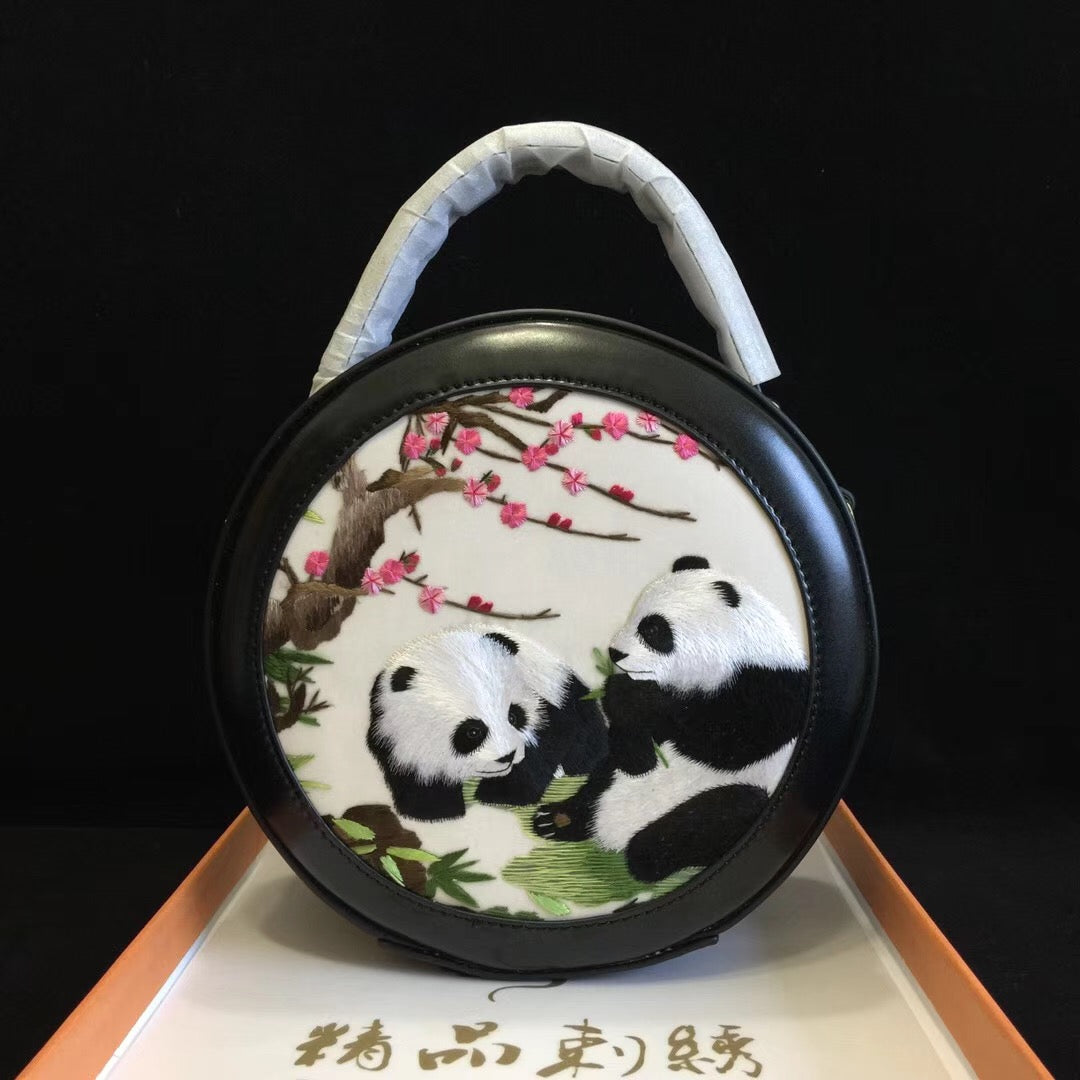 hand embroidery pandas cowhide round handbag