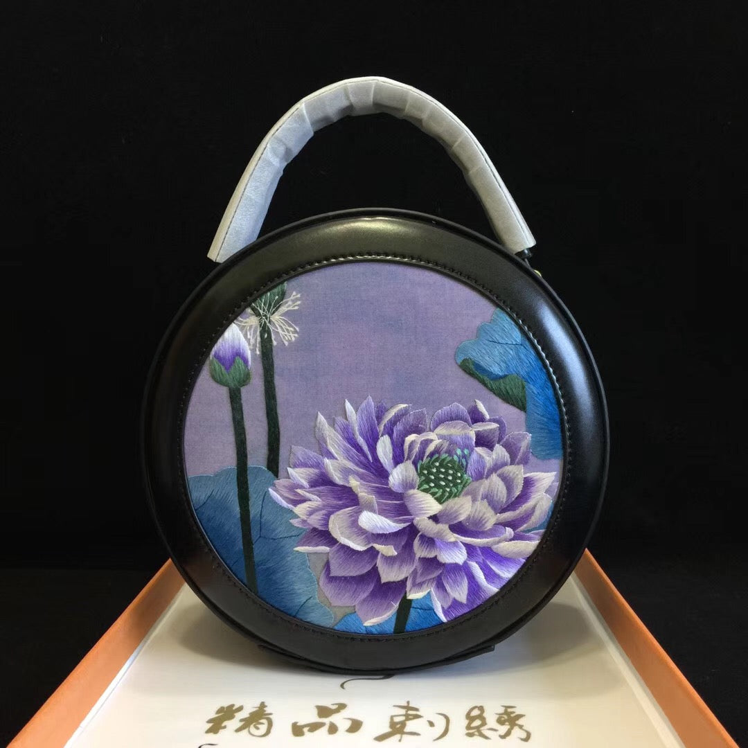 hand embroidery lotus cowhide round handbag