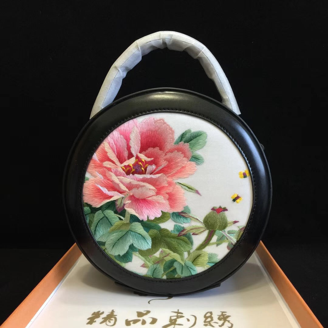 hand embroidery peony cowhide round handbag