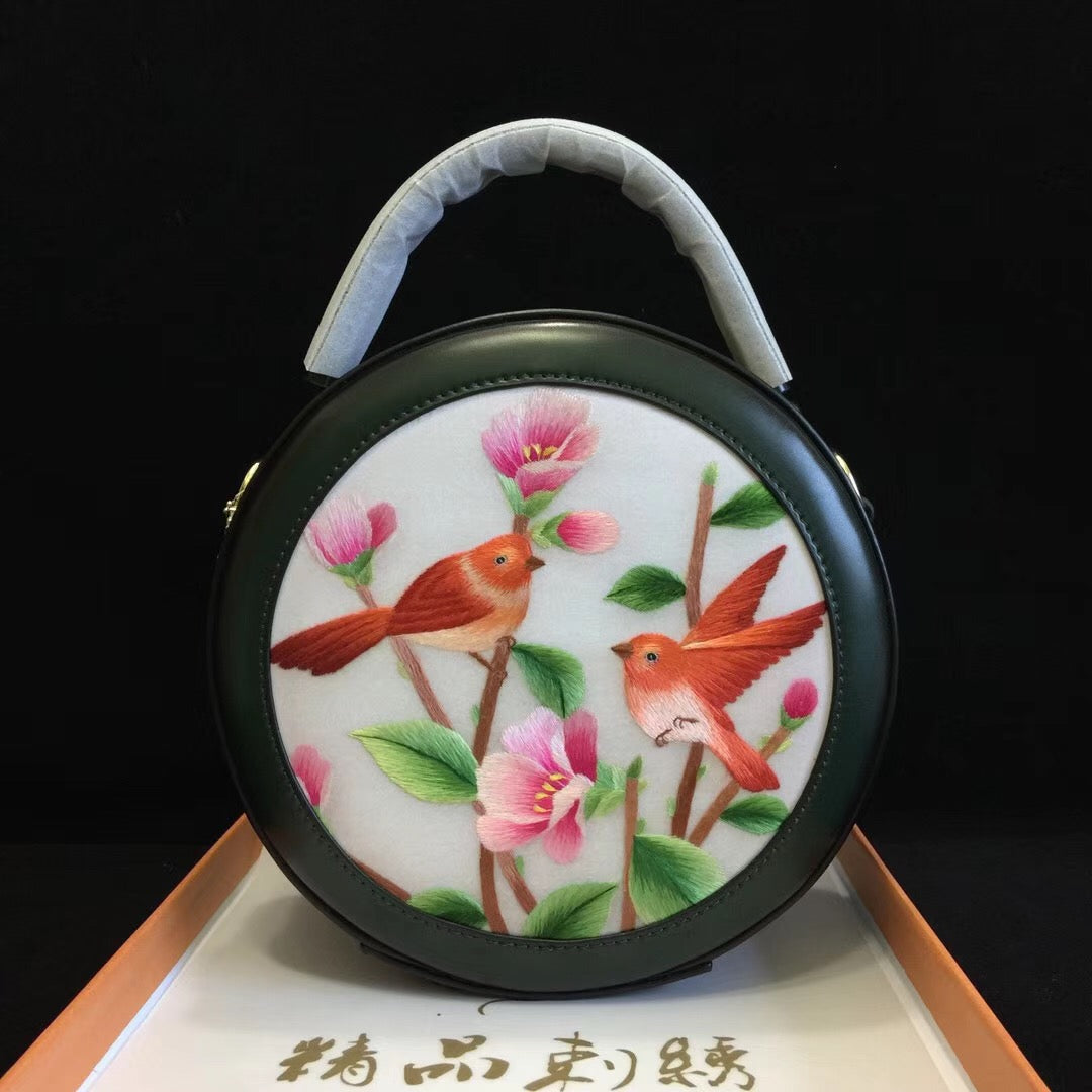 hand embroidery flower birds cowhide round handbag