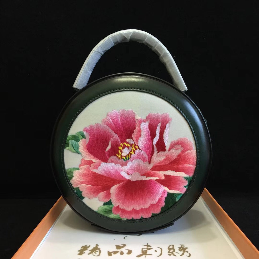 hand embroidery peony cowhide round handbag