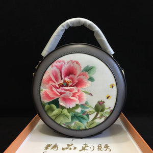 hand embroidery flower peony cowhide round handbag