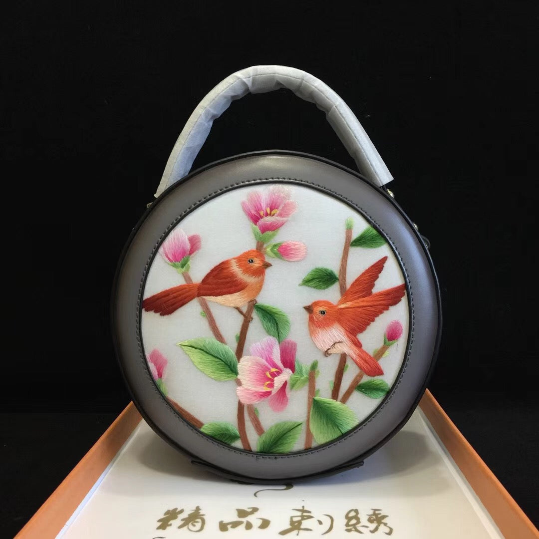 hand embroidery flower birds cowhide round handbag