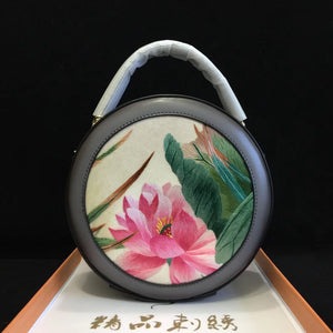 hand embroidery lotus cowhide round handbag