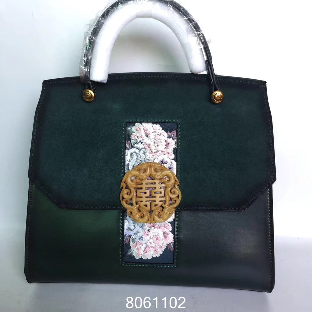 hand embroidery jade velvet cowhide bag 