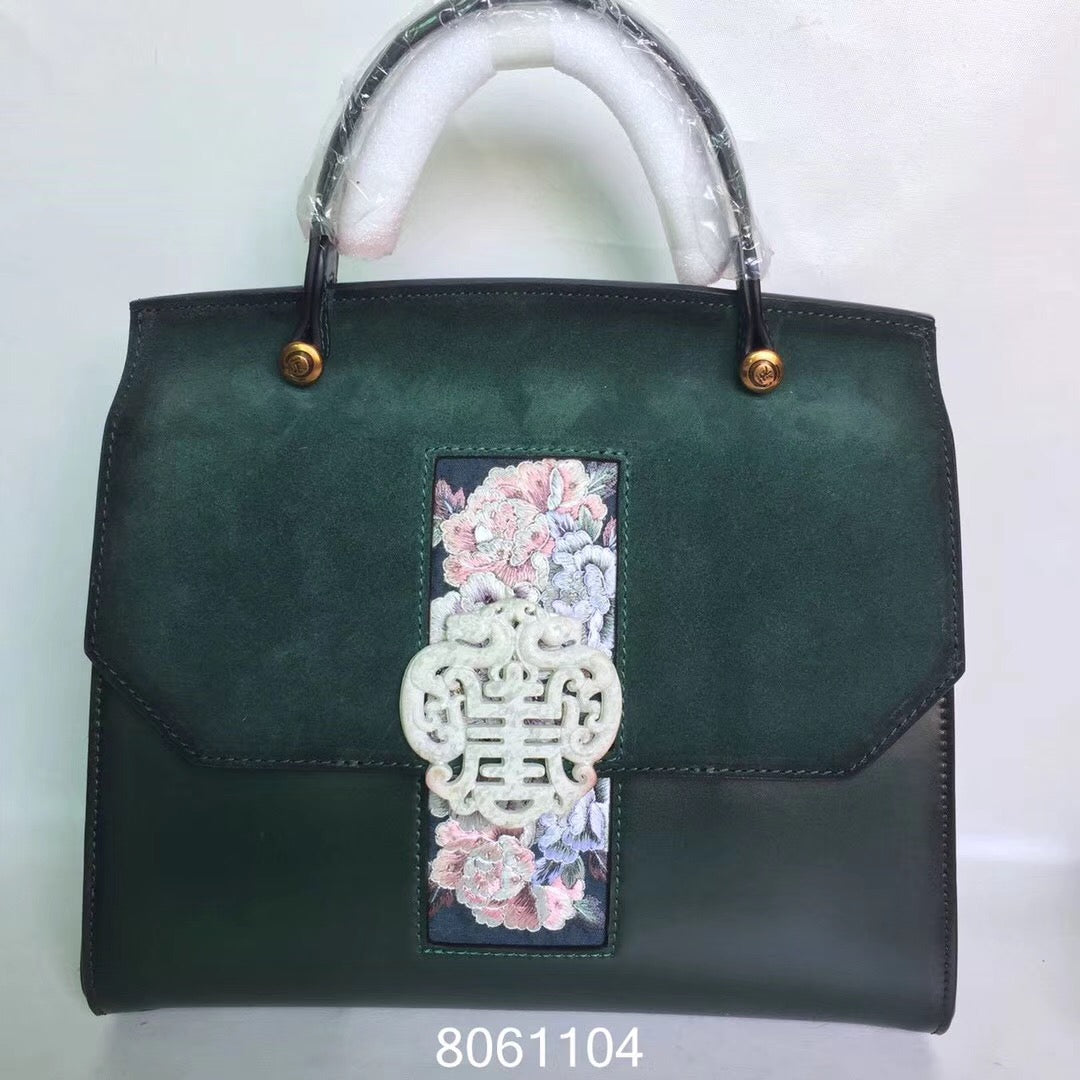 hand embroidery jade velvet cowhide bag 