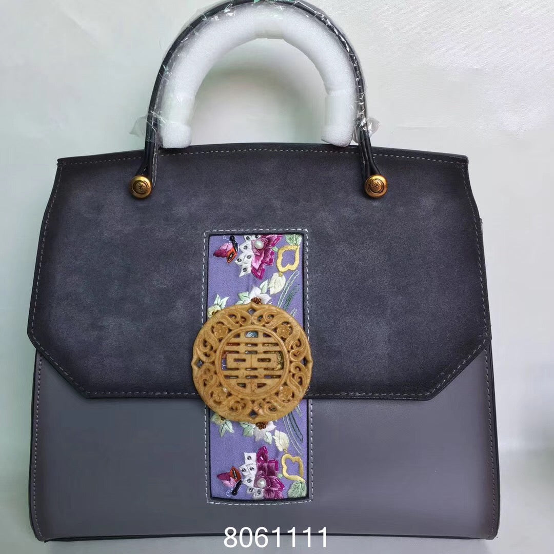 hand embroidery jade velvet cowhide bag 