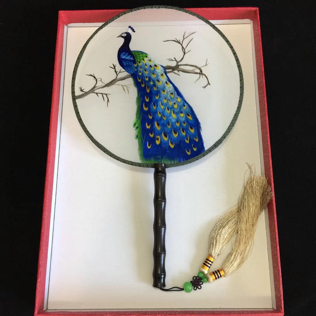 hand su embroidery fan peacock