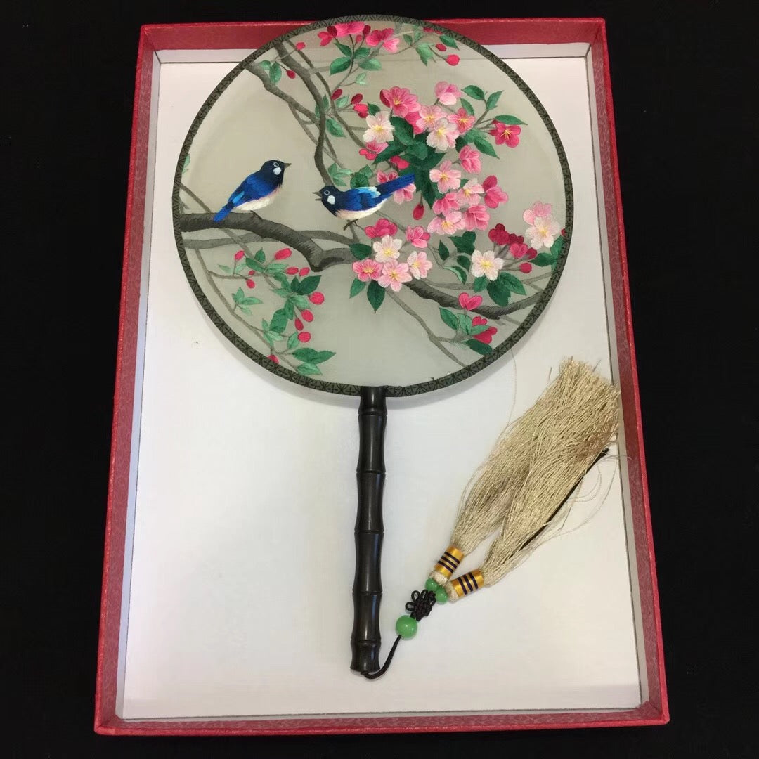 hand su embroidery fan:birds flower