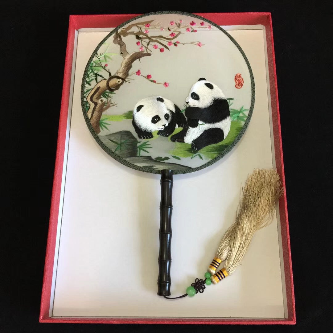 hand su embroidery fan:pandas