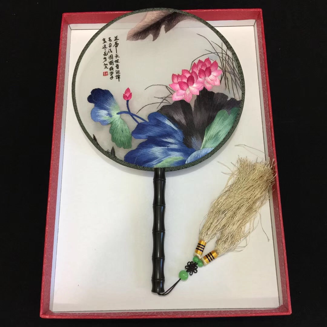 Hand double sided su silk embroidery fan gift fan (two-sided reversible )