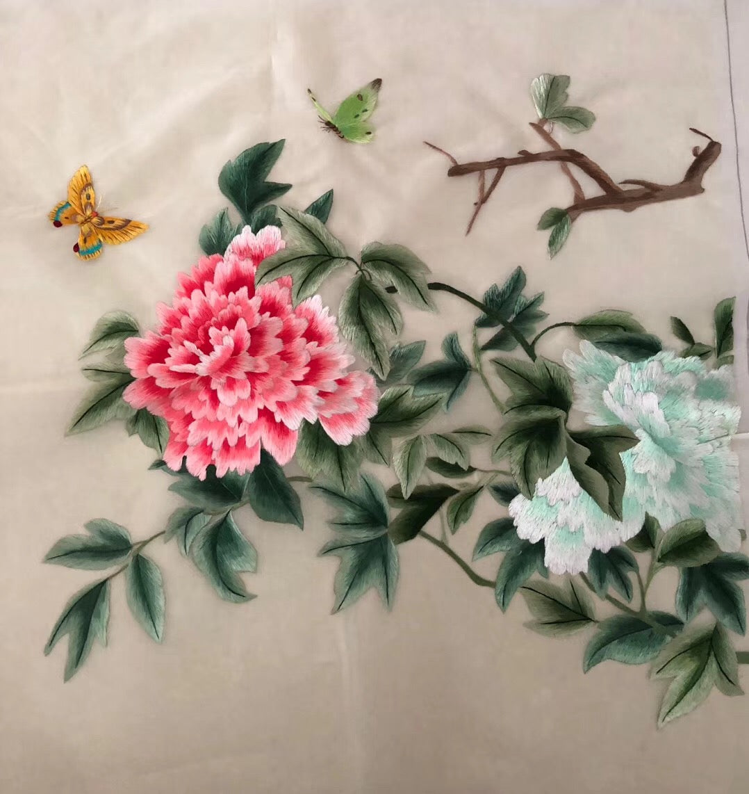 Triptych(3pieces)Hand Su Embroidery Art:lotus birds watertown peony mountain fruits 50cm