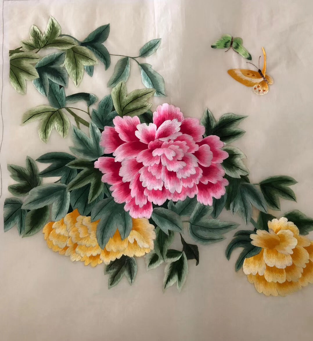 Triptych(3pieces)Hand Su Embroidery Art:lotus birds watertown peony mountain fruits 50cm