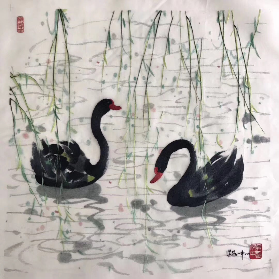 Hand Su Embroidery Art:wuguangzhong painting series swans lotus trees 50cm