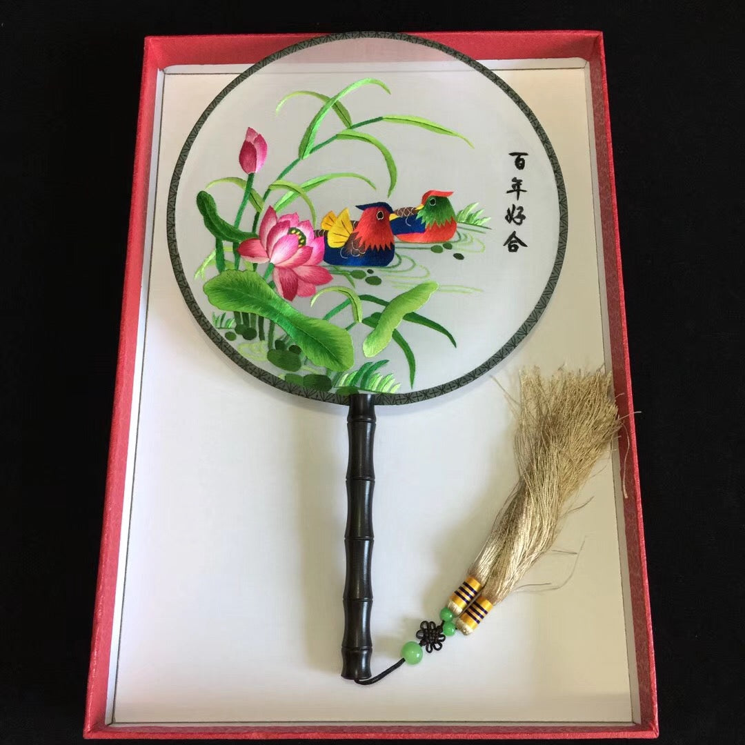 Hand double sided su silk embroidery fan gift fan:cat flower birds butterfly (two-sided reversible )