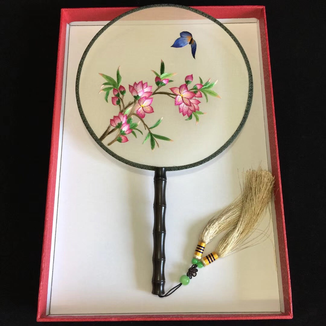 Hand double sided su silk embroidery fan gift fan:cat flower birds butterfly (two-sided reversible )