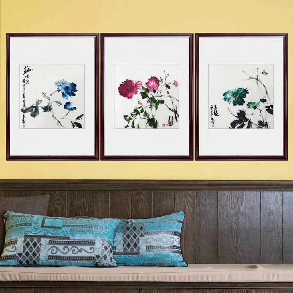 Delicate Hand Su Embroidery triptych(3pieces) Art:flower peony lotus 40cm 131118