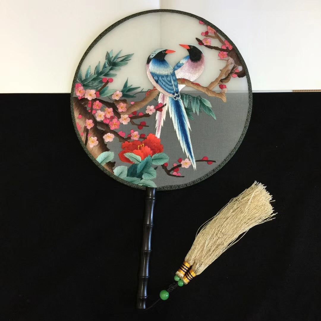 141118 Double sided hand su embroidery fan gift:flower birds butterfly lotus cranes...