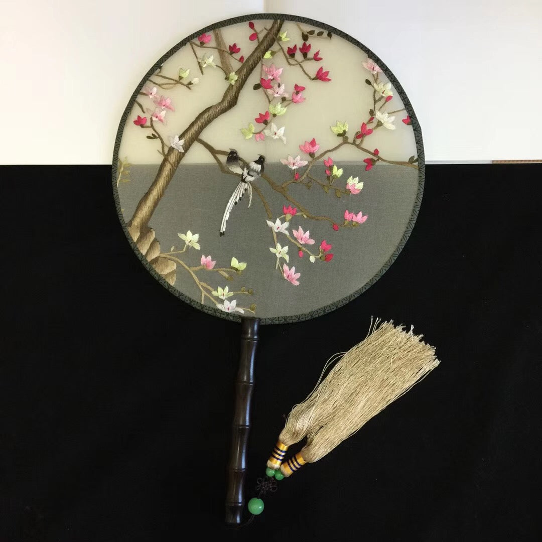 141118 Double sided hand su embroidery fan gift:flower birds butterfly lotus cranes...