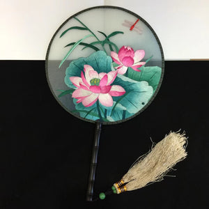 141118 Double sided hand su embroidery fan gift:flower birds butterfly lotus cranes...