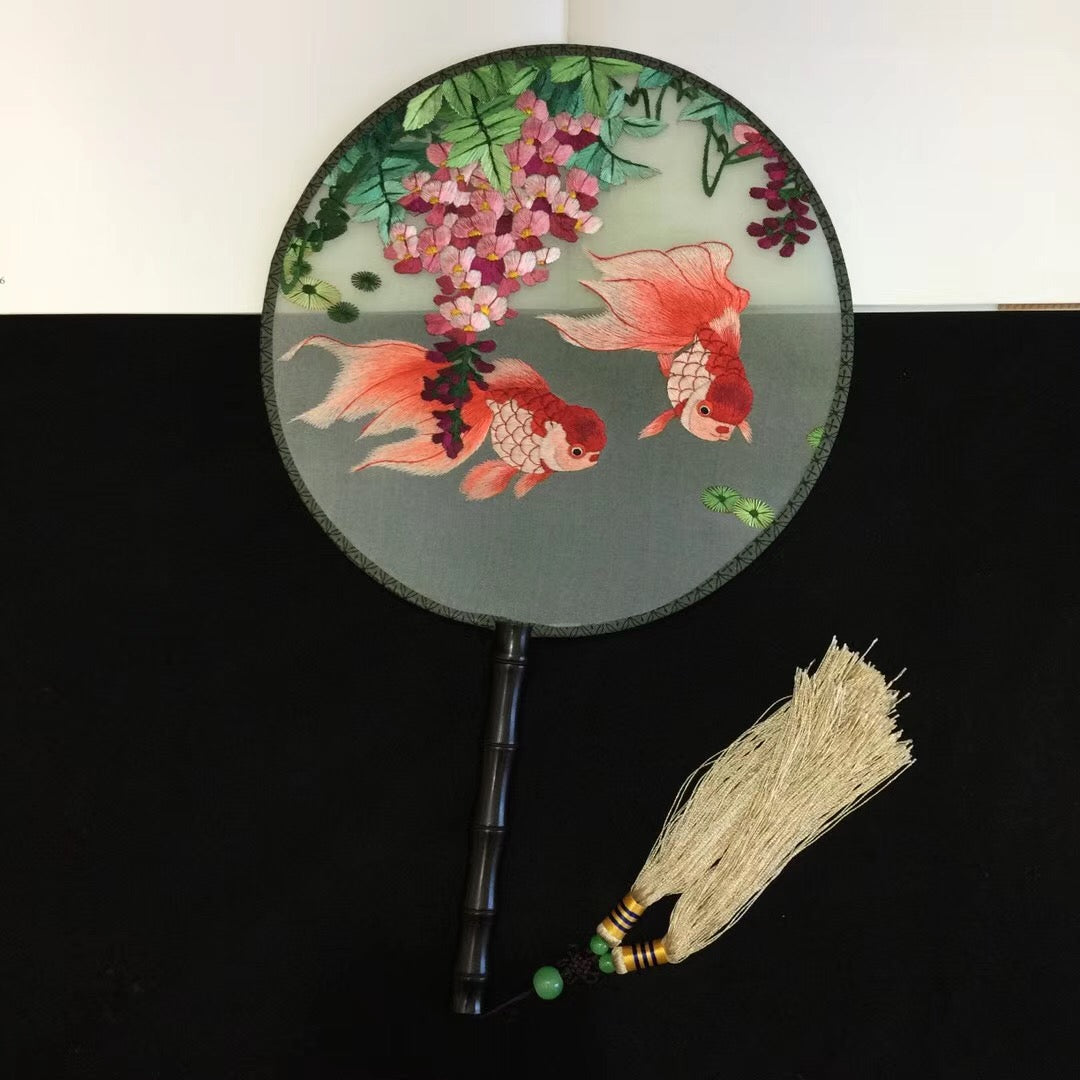 141118 Double sided hand su embroidery fan gift:flower birds butterfly lotus cranes...