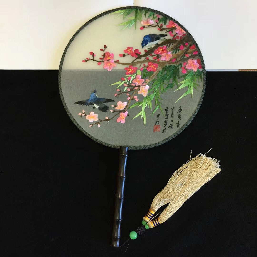 141118 Double sided hand su embroidery fan gift:flower birds butterfly lotus cranes...