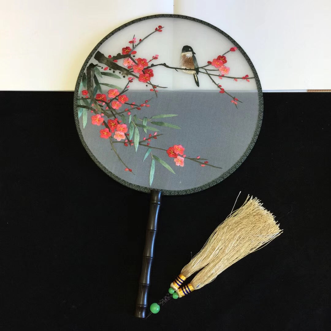 141118 Double sided hand su embroidery fan gift:flower birds butterfly lotus cranes...