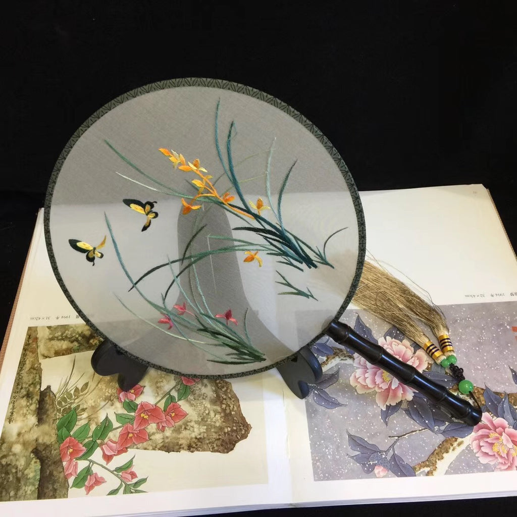 141118 Double sided hand su embroidery fan gift:flower birds butterfly lotus cranes...
