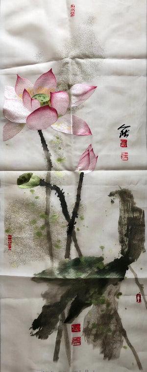 Hand Delicate Su Embroidery 4screens(1set) Art:plum birds lotus 80cm