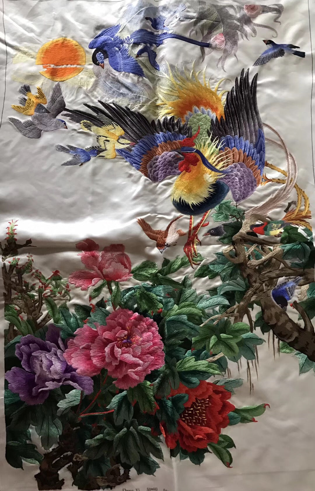 Hand Su Embroidery Art:cock birds bamboo fishes magnolia peony 80cm