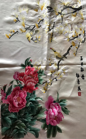 Hand Su Embroidery Art:cock birds bamboo fishes magnolia peony 80cm