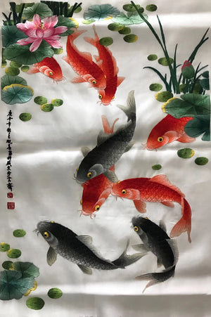 Hand embroideried Su Embroidery Art:carp fish lotus cock peony dragon vase 60cm 3918