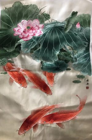 Hand embroideried Su Embroidery Art:carp fish lotus cock peony dragon vase 60cm 3918