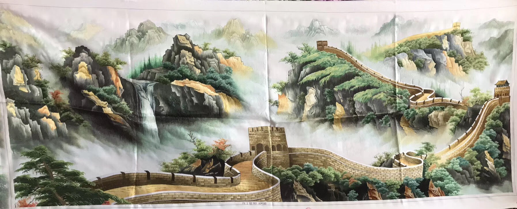 Hand Su Embroidery Art:Great Wall pandas trees mountain landscape 160cm